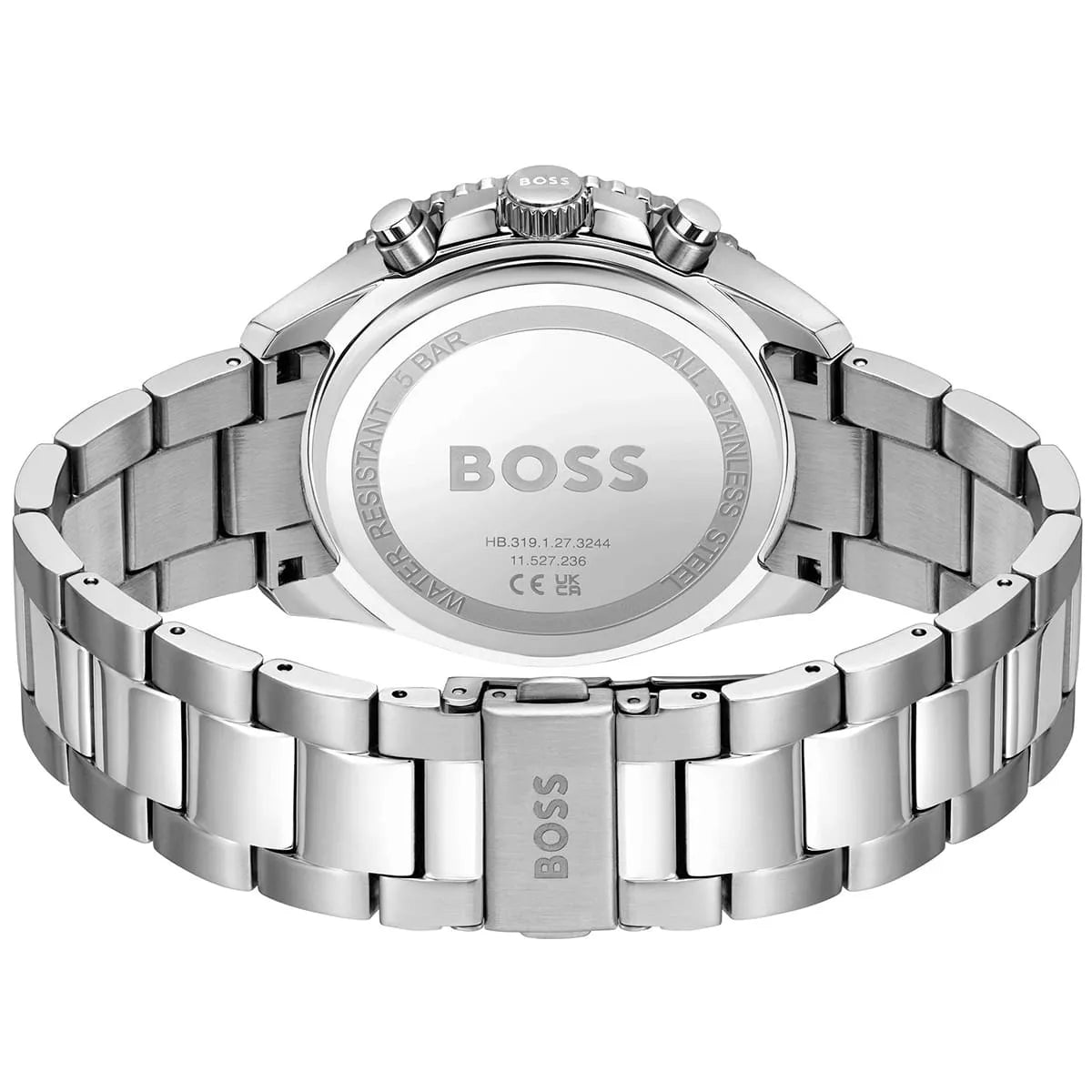 Hugo Boss Runner watch caseback with stainless steel bracelet and engraved text
