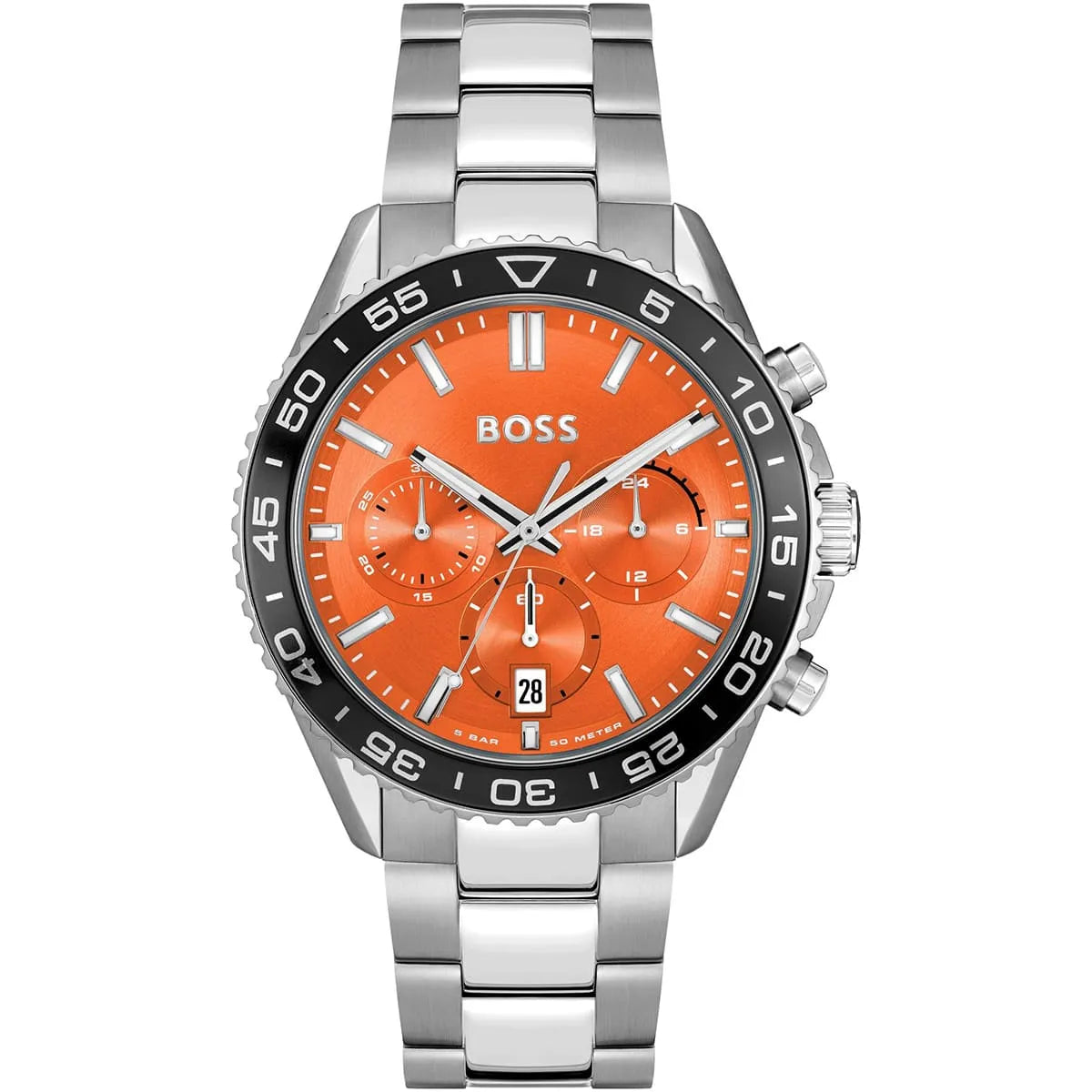Hugo Boss Runner chronograph watch with orange dial and silver stainless steel strap