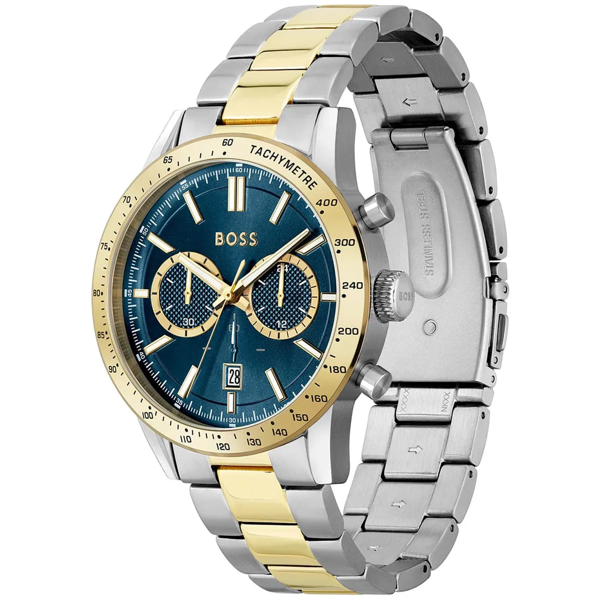 Hugo Boss Allure chronograph watch shown from angle with bracelet and caseback visible