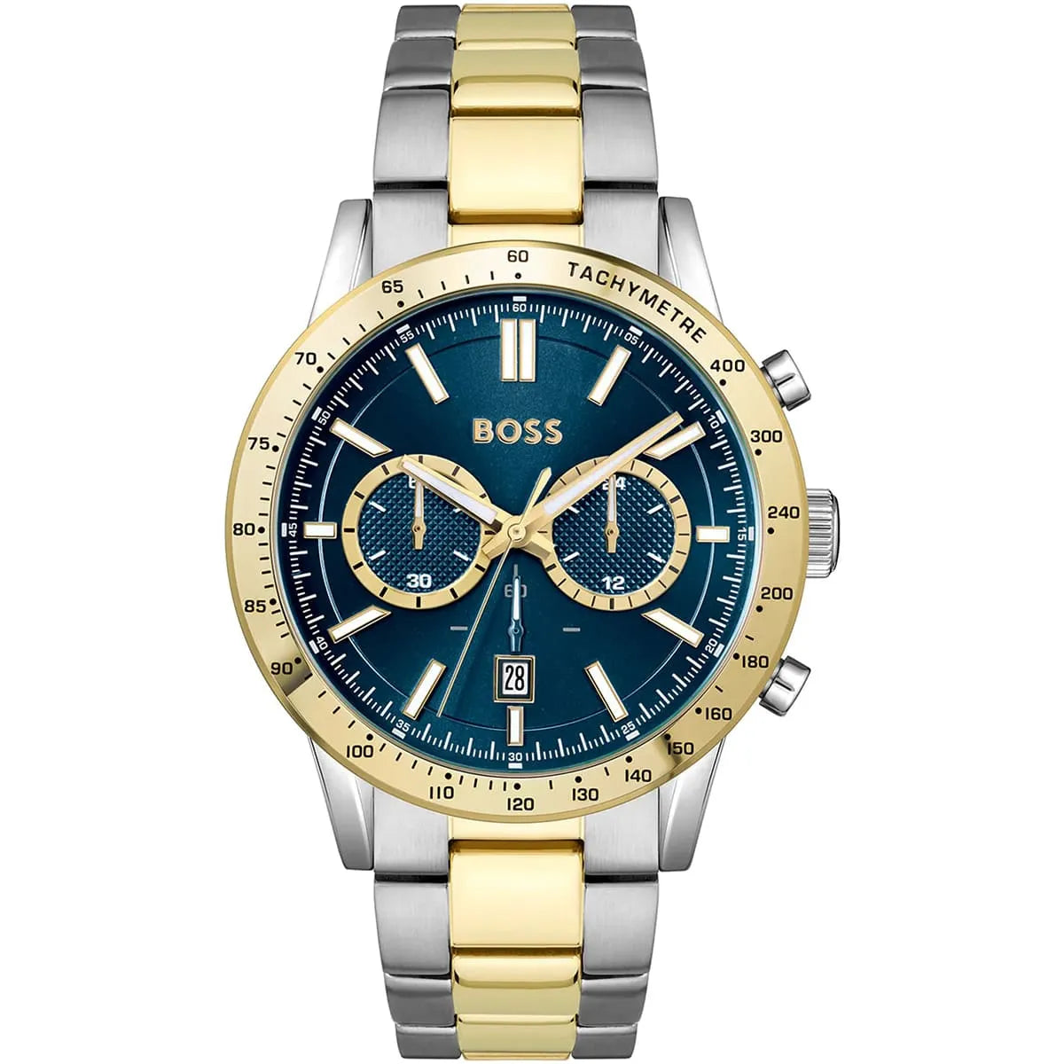 Hugo Boss Allure chronograph men's watch with blue dial, gold and silver stainless steel bracelet, tachymeter bezel