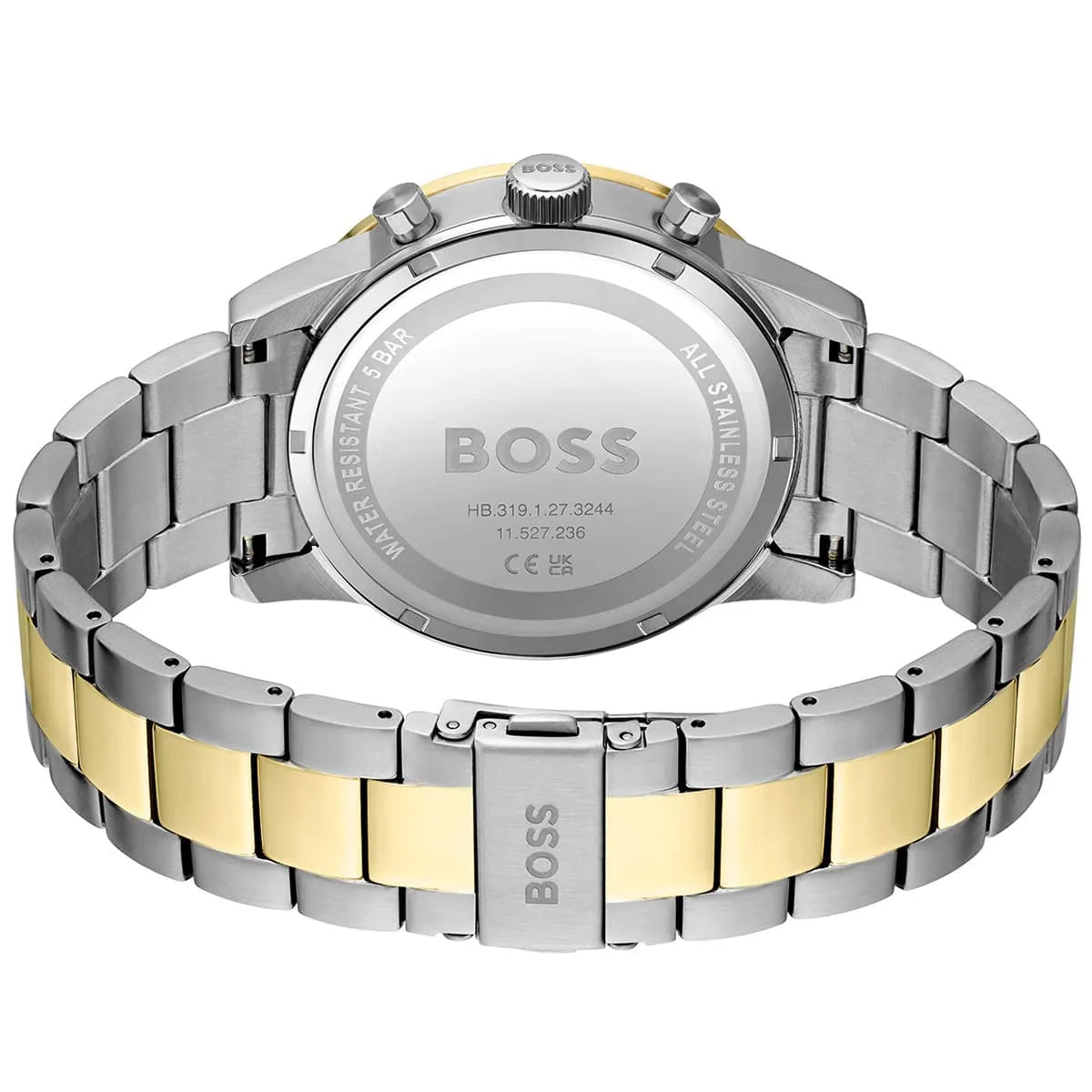 Hugo Boss Allure chronograph watch caseback showing stainless steel back with BOSS branding and specifications