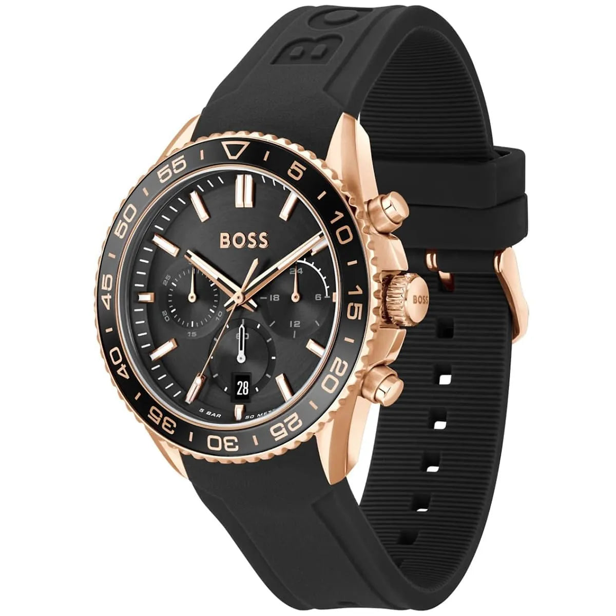 Hugo Boss Runner watch side view showing rose gold case and black rubber strap