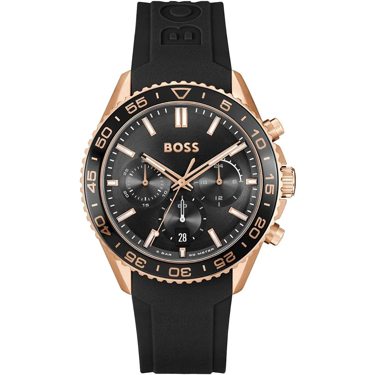 Hugo Boss Runner chronograph watch with black dial, rose gold case, and black rubber strap