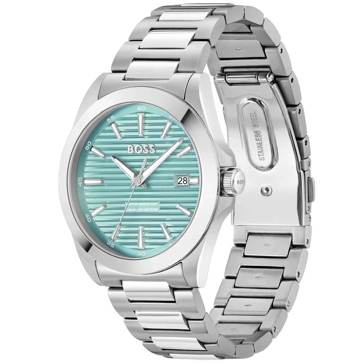 Side angle view of Hugo Boss Strike watch showing silver metal bracelet and turquoise dial