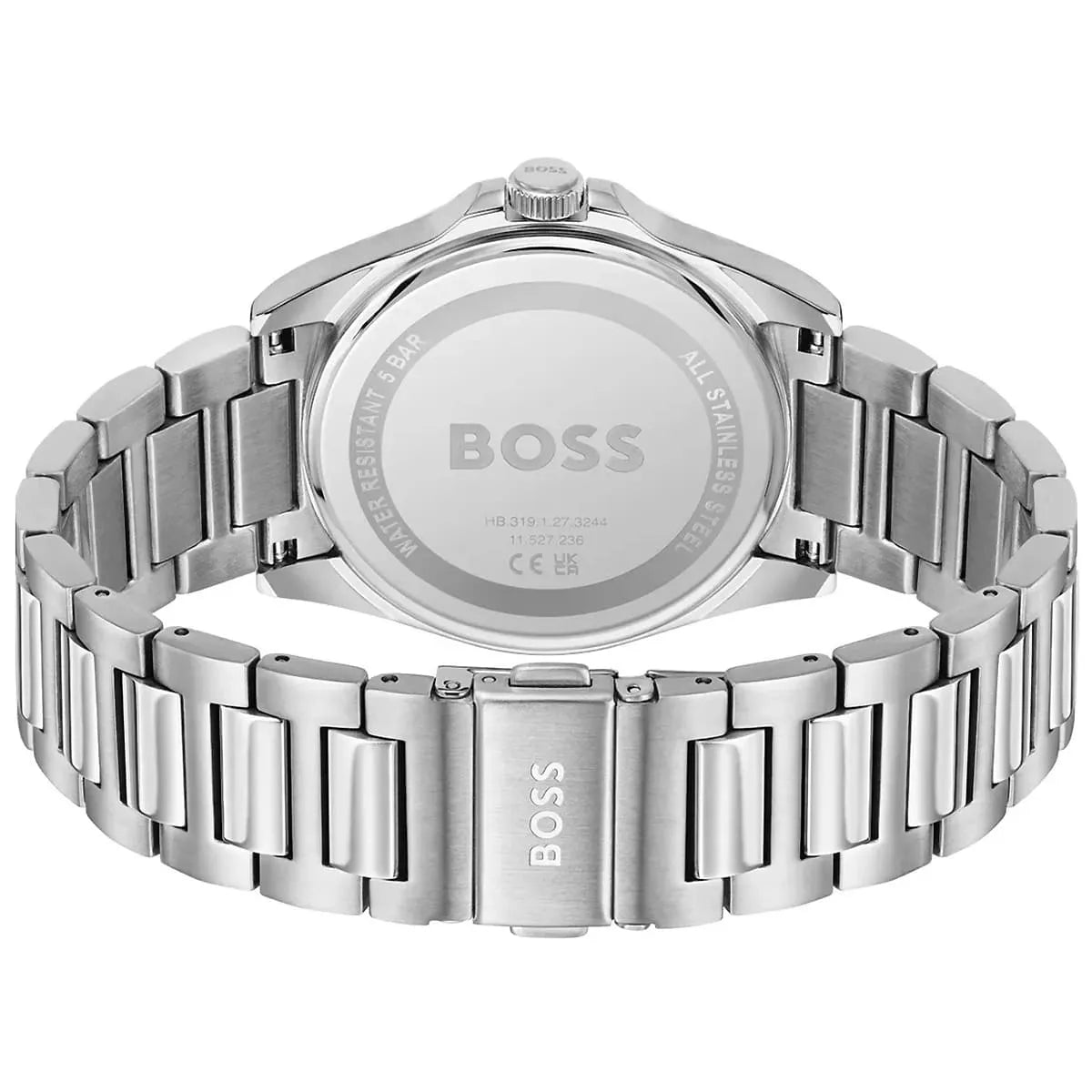 Back caseback view of Hugo Boss Strike watch showing stainless steel case with BOSS branding
