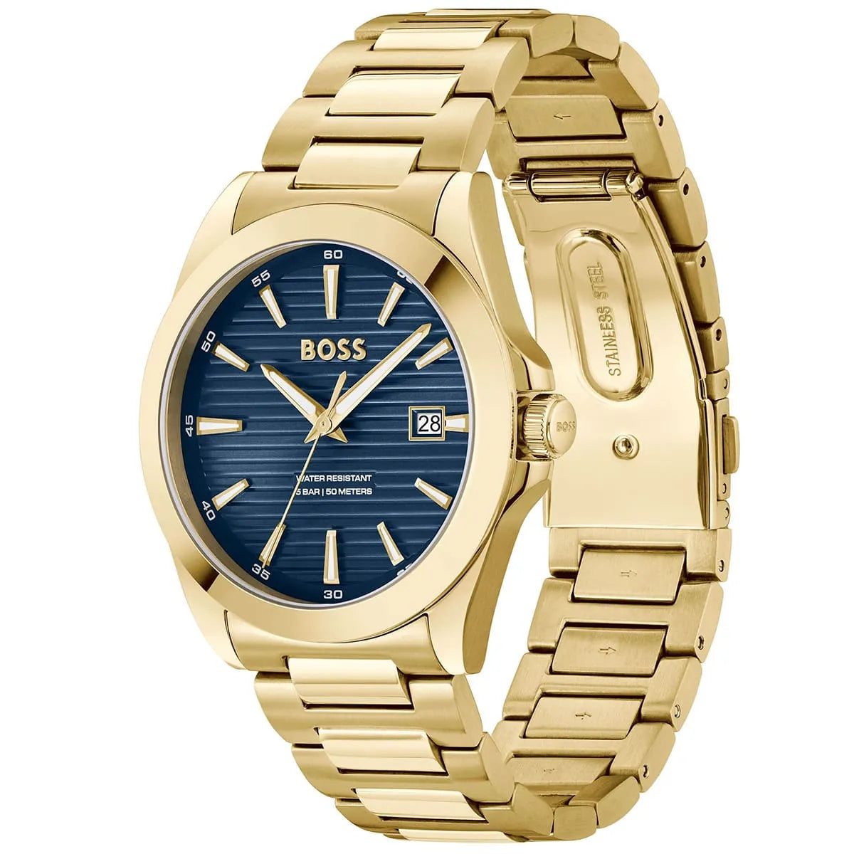 Hugo Boss Strike watch displayed at angle showing blue dial and gold steel bracelet