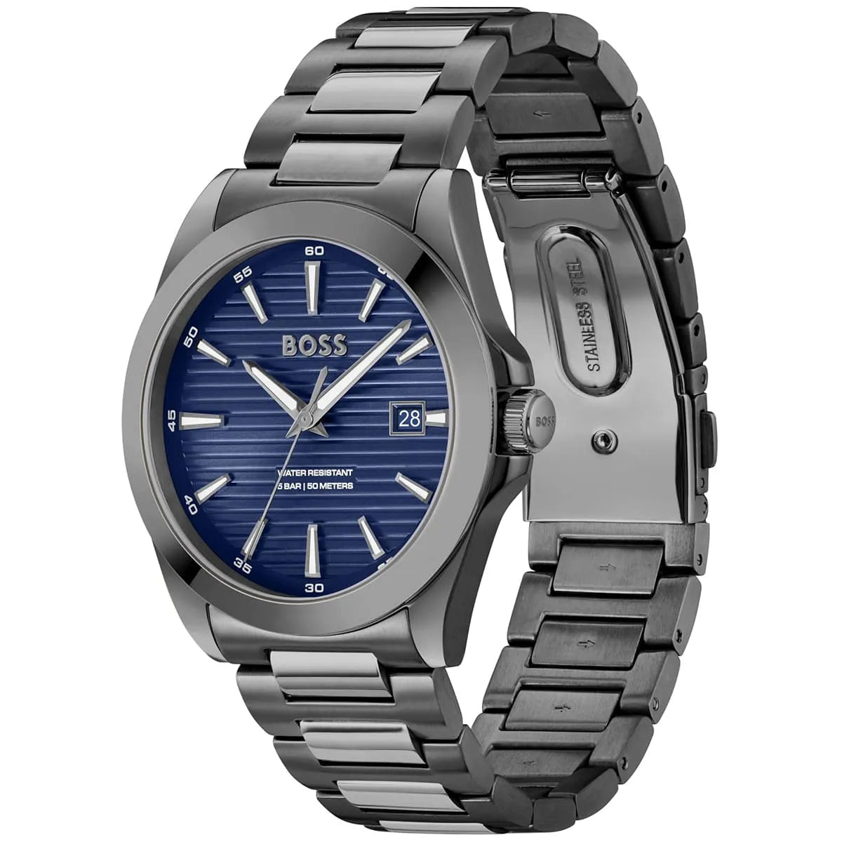 Hugo Boss Strike watch displayed at angle showing blue dial and gray steel bracelet