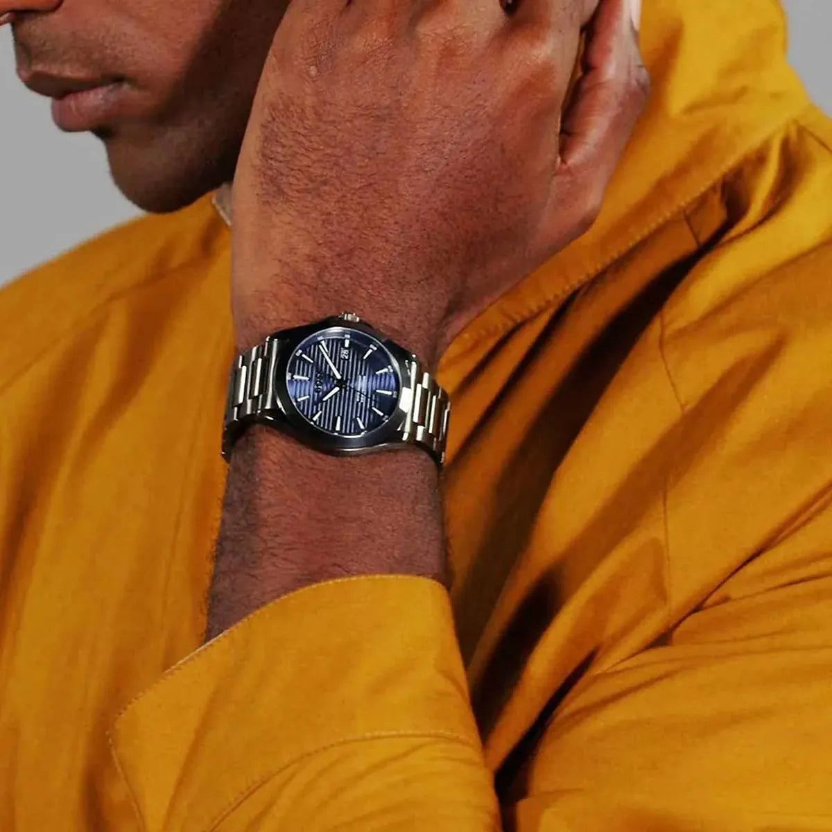 Hugo Boss Strike watch worn on wrist with blue dial visible