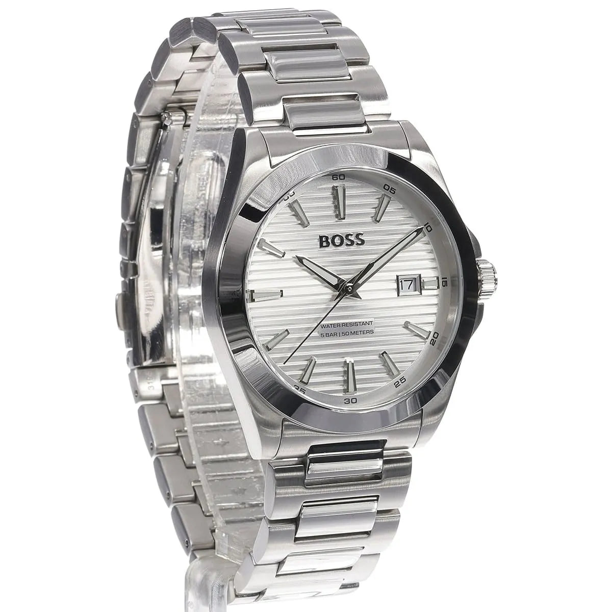 Hugo Boss Skymaster watch angled view showing dial details and stainless steel bracelet