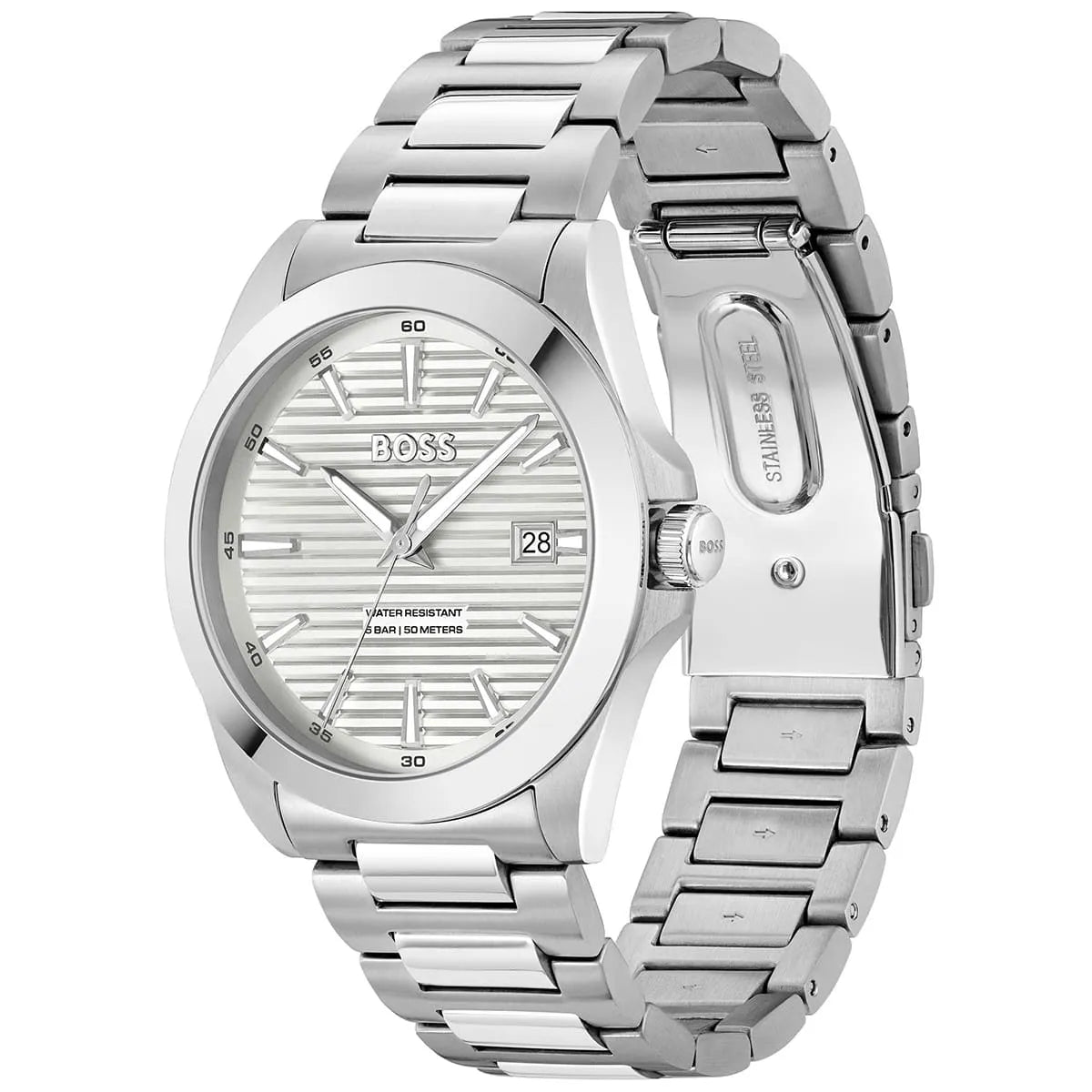 Hugo Boss Skymaster watch shown at angle with metal strap and date window visible