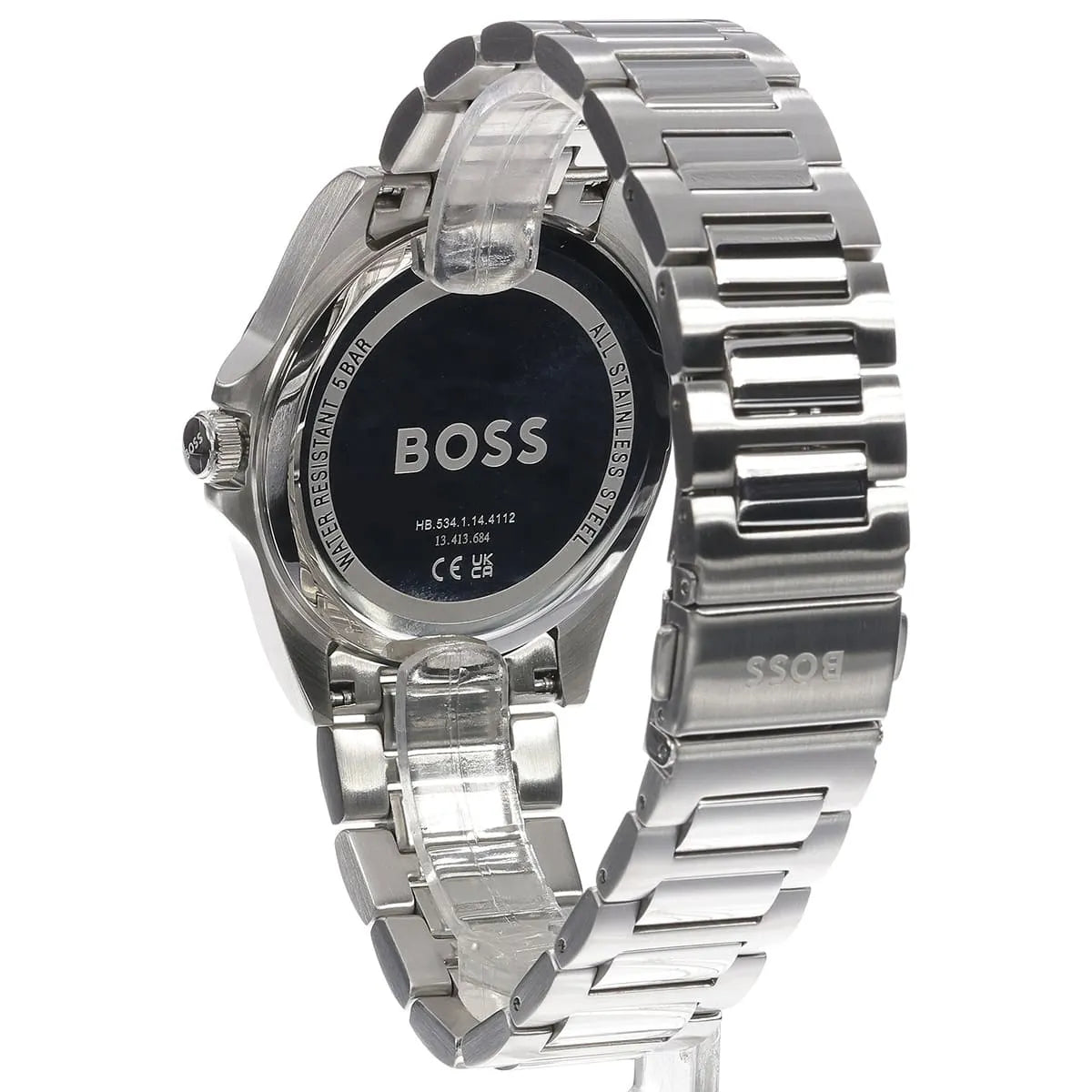 Hugo Boss Skymaster watch side profile with dark bezel and metal strap clearly visible