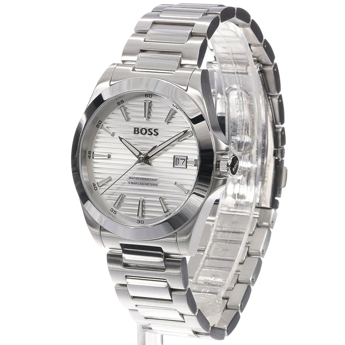 Side view of Hugo Boss Skymaster watch displaying profile and metal strap links