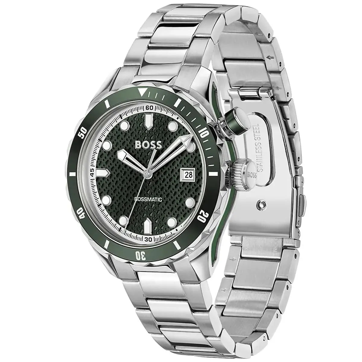 Hugo Boss Skymaster angle view showing black bezel, green dial, and stainless steel bracelet