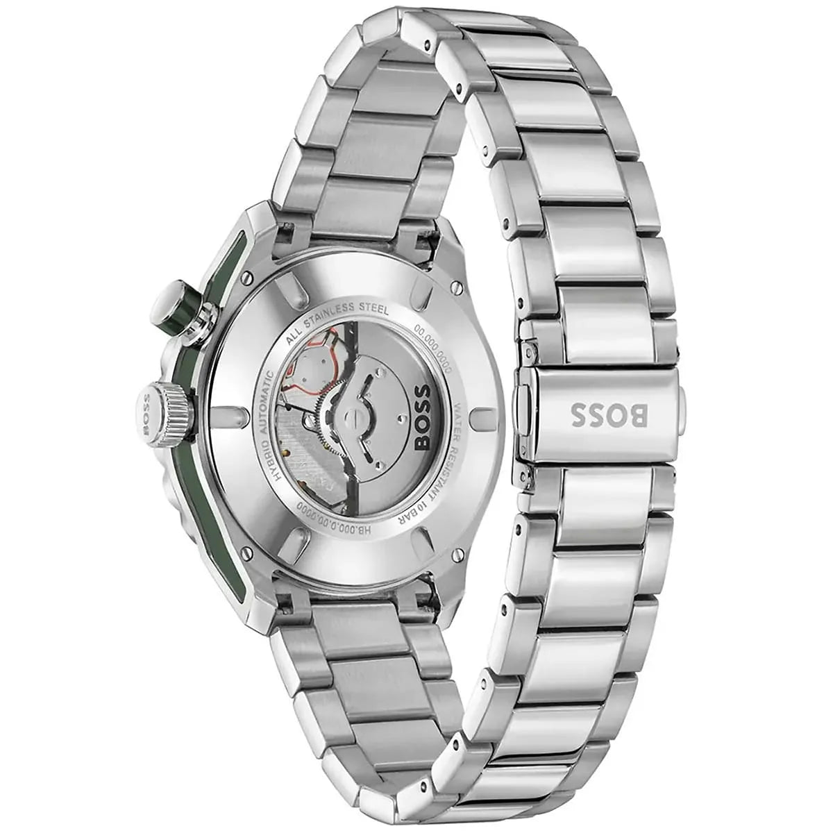Hugo Boss Skymaster caseback revealing automatic Bossmatic movement and stainless steel bracelet