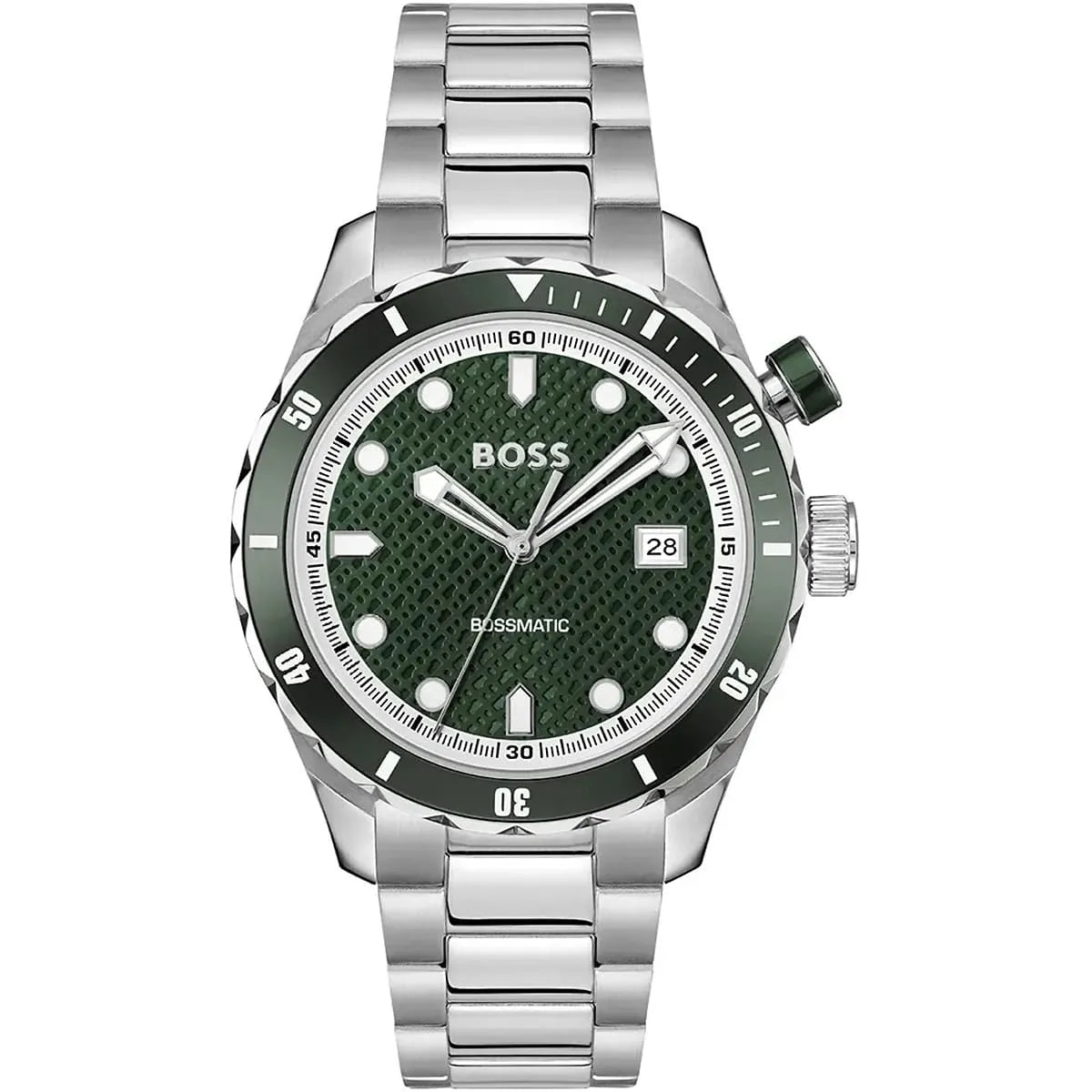 Hugo Boss Skymaster chronograph watch with green patterned dial and stainless steel bracelet