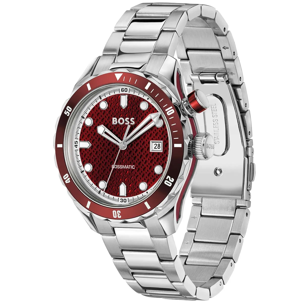 Hugo Boss Bossmatic watch at angle showing red dial, bezel, and metal bracelet