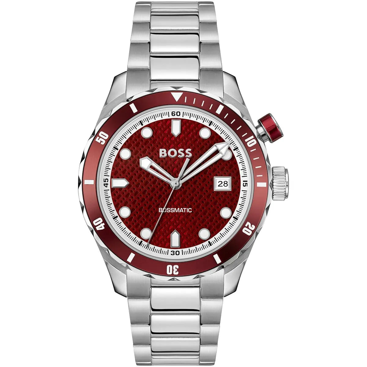 Hugo Boss Bossmatic men's watch with red patterned dial and stainless steel bracelet