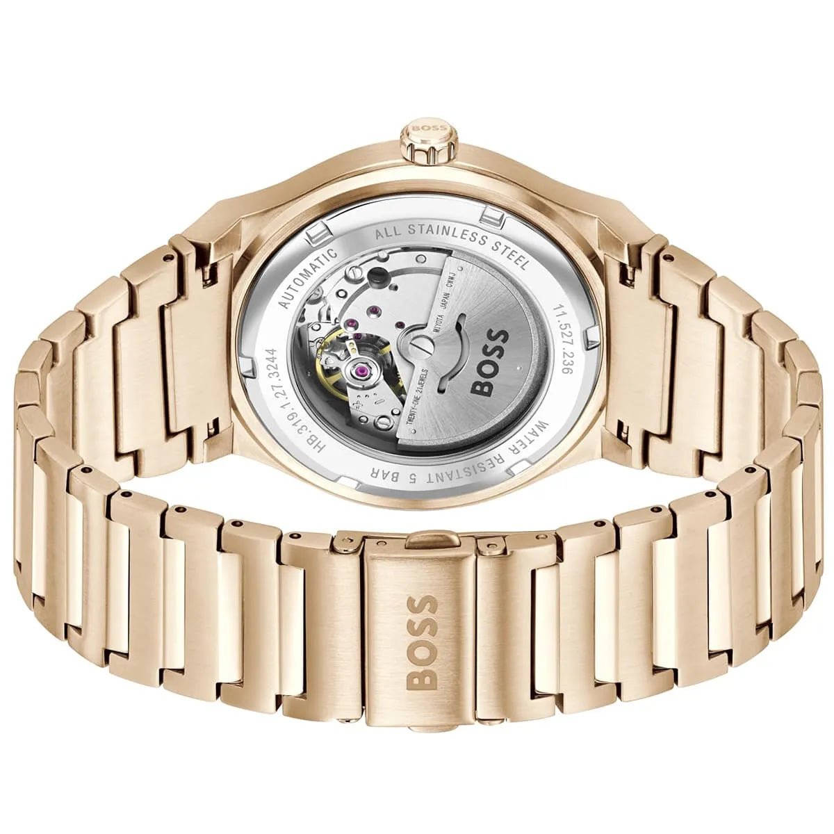 Hugo Boss Candor automatic watch caseback showing visible movement and stainless steel case