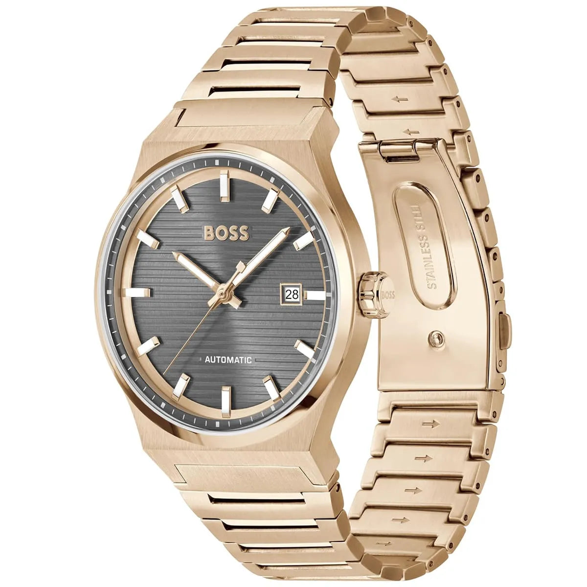 Hugo Boss Candor watch shown from angled side view displaying rose gold metal bracelet and grey dial