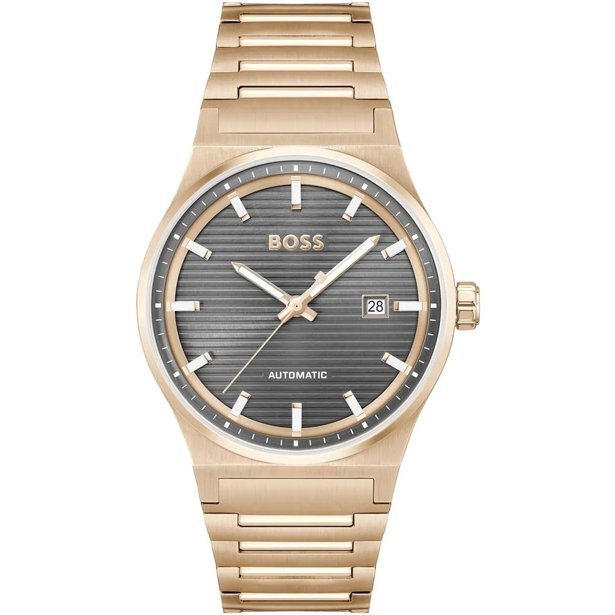 Hugo Boss Candor men's automatic watch with grey sunburst dial and rose gold stainless steel bracelet