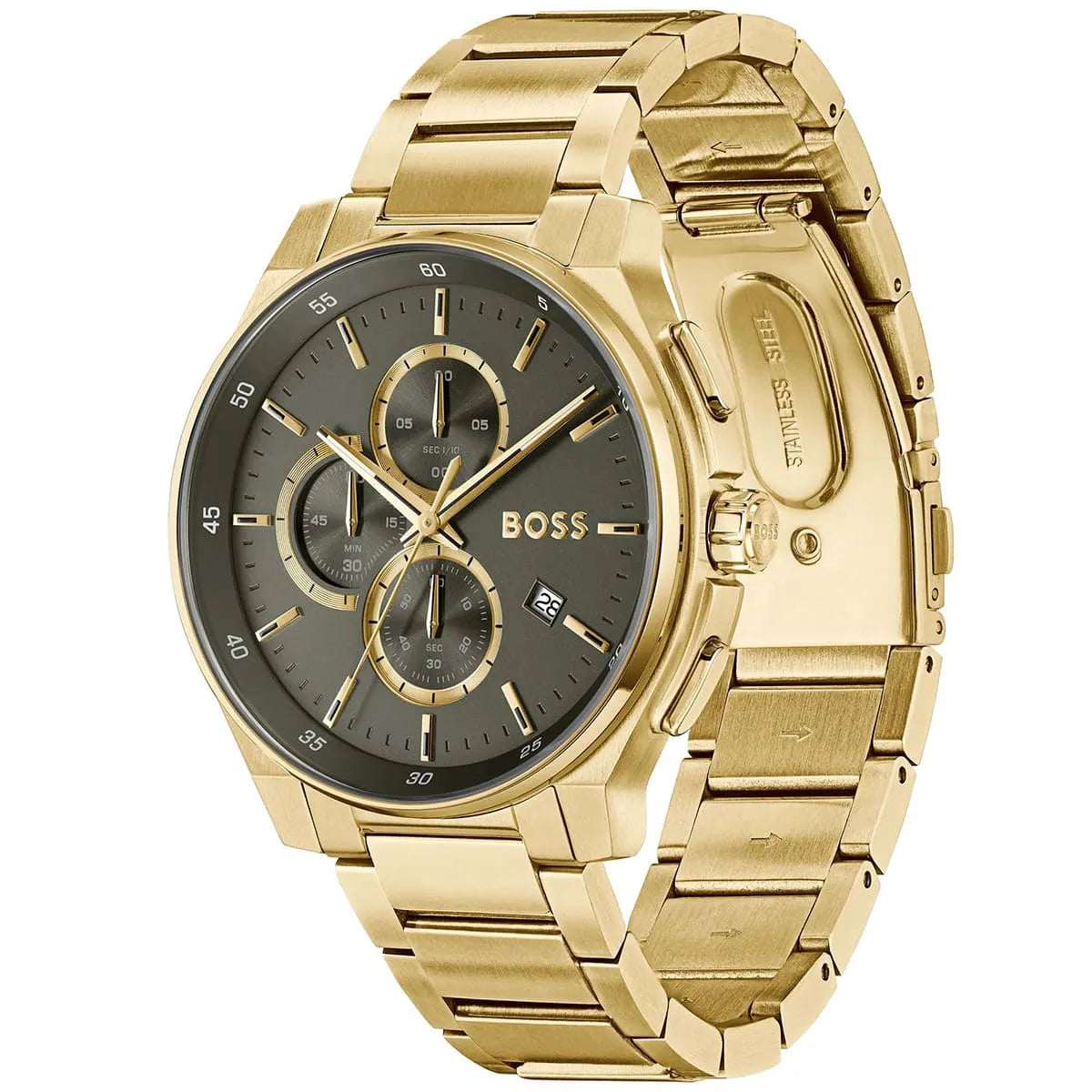 BOSS gold steel chronograph watch shown at angle with three subdials and olive dial