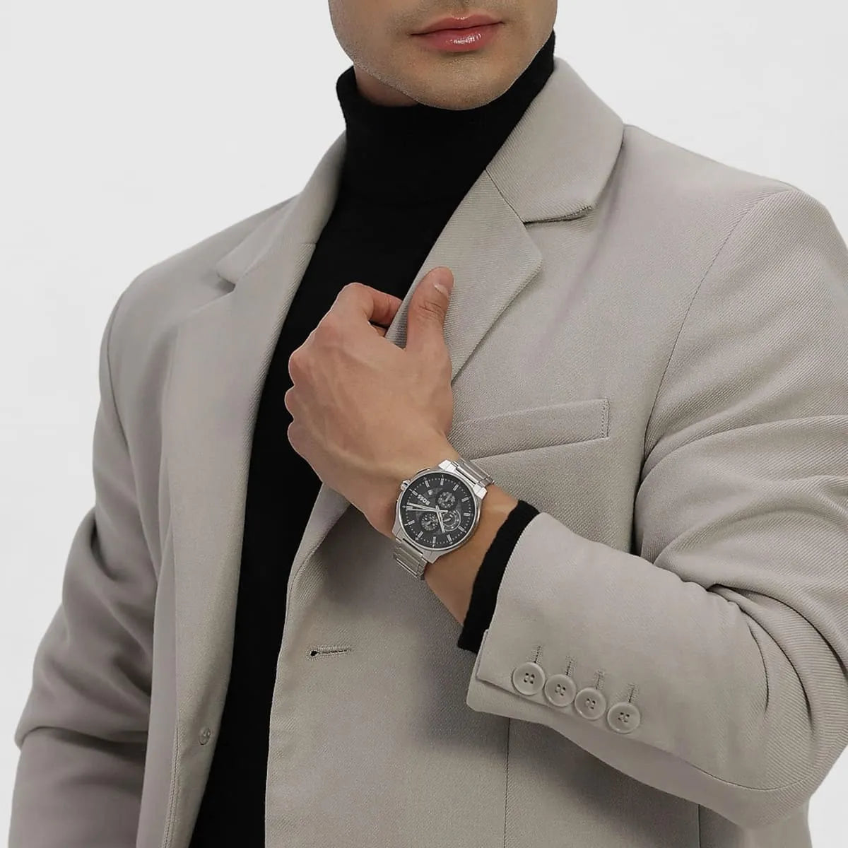 Hugo Boss 1514191 men's chronograph watch styled on wrist with business attire