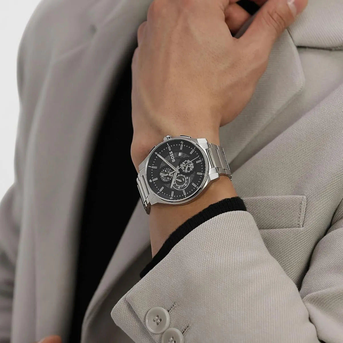 Hugo Boss 1514191 chronograph watch worn on wrist with black dial