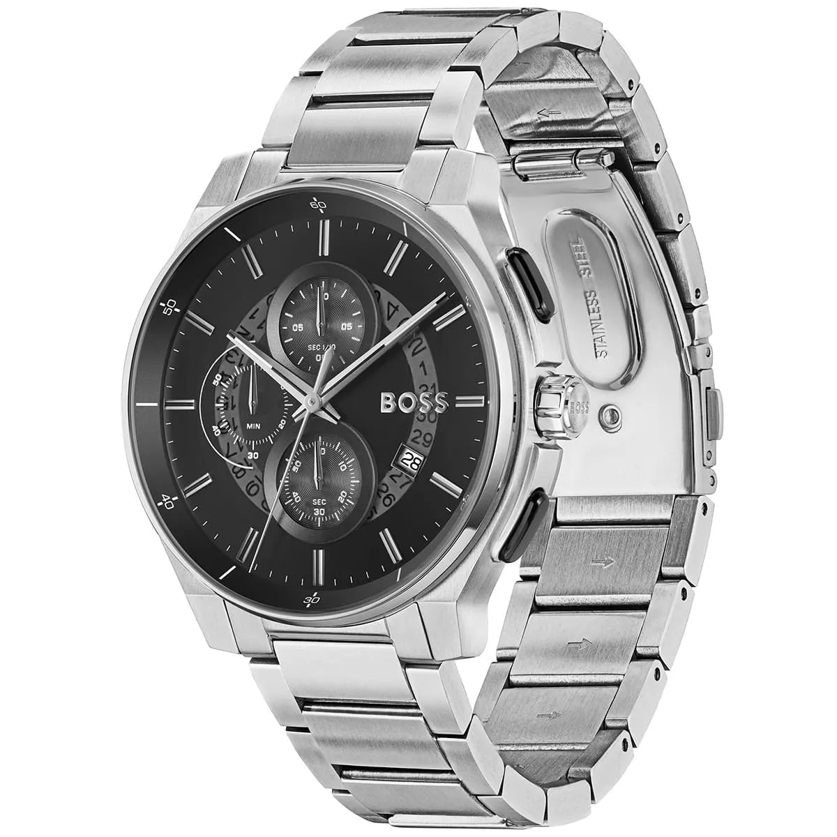 Hugo Boss 1514191 watch angled view showing stainless steel case and bracelet