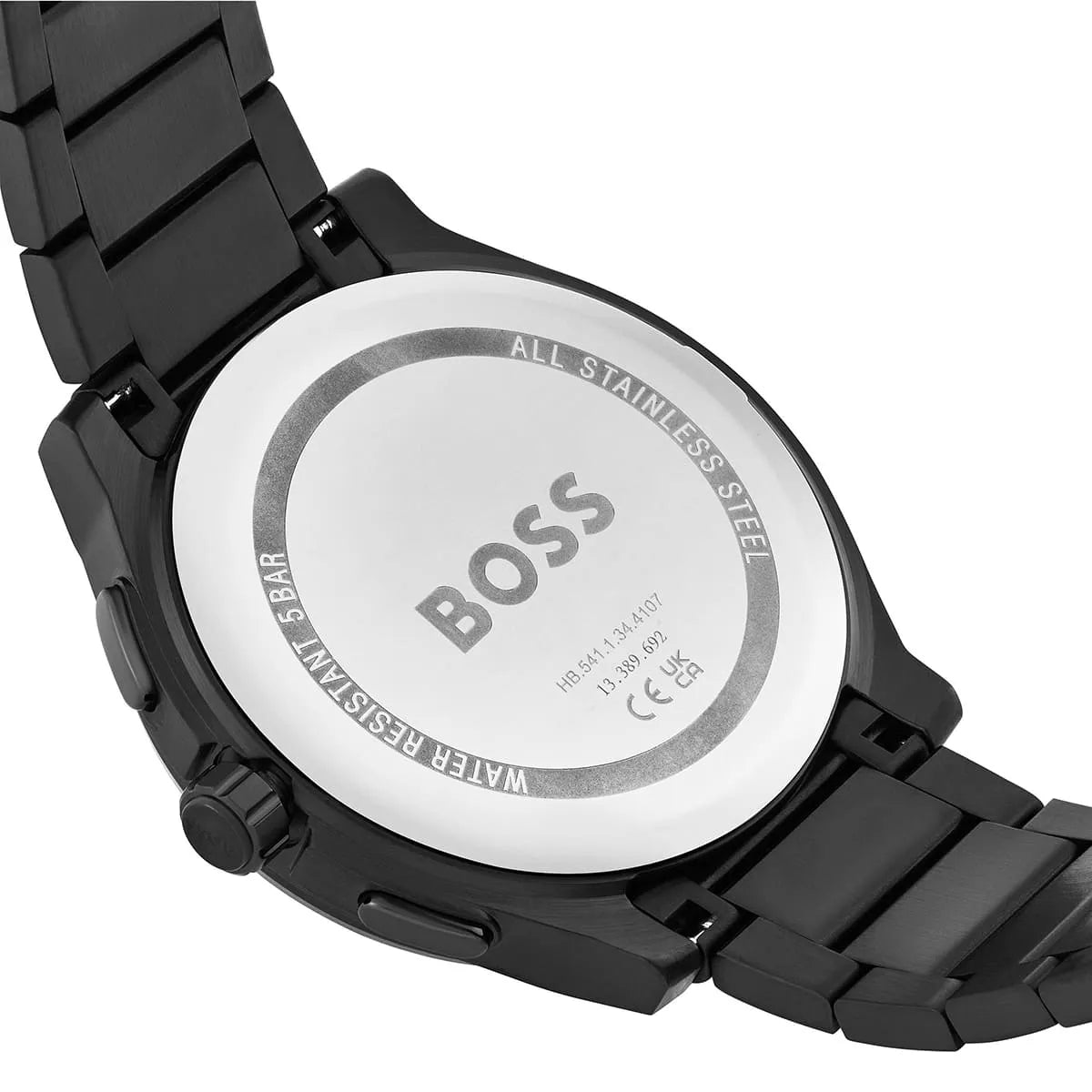 Hugo Boss Skymaster caseback detail displaying all stainless steel construction