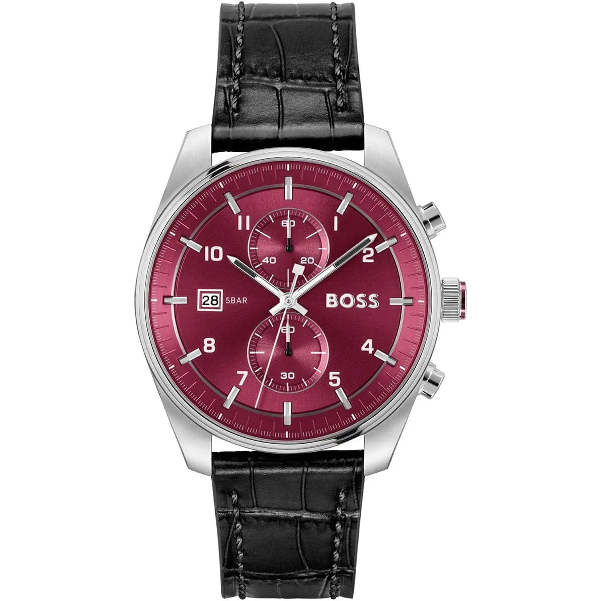 Hugo Boss Skymaster men's chronograph watch with burgundy dial and black leather strap