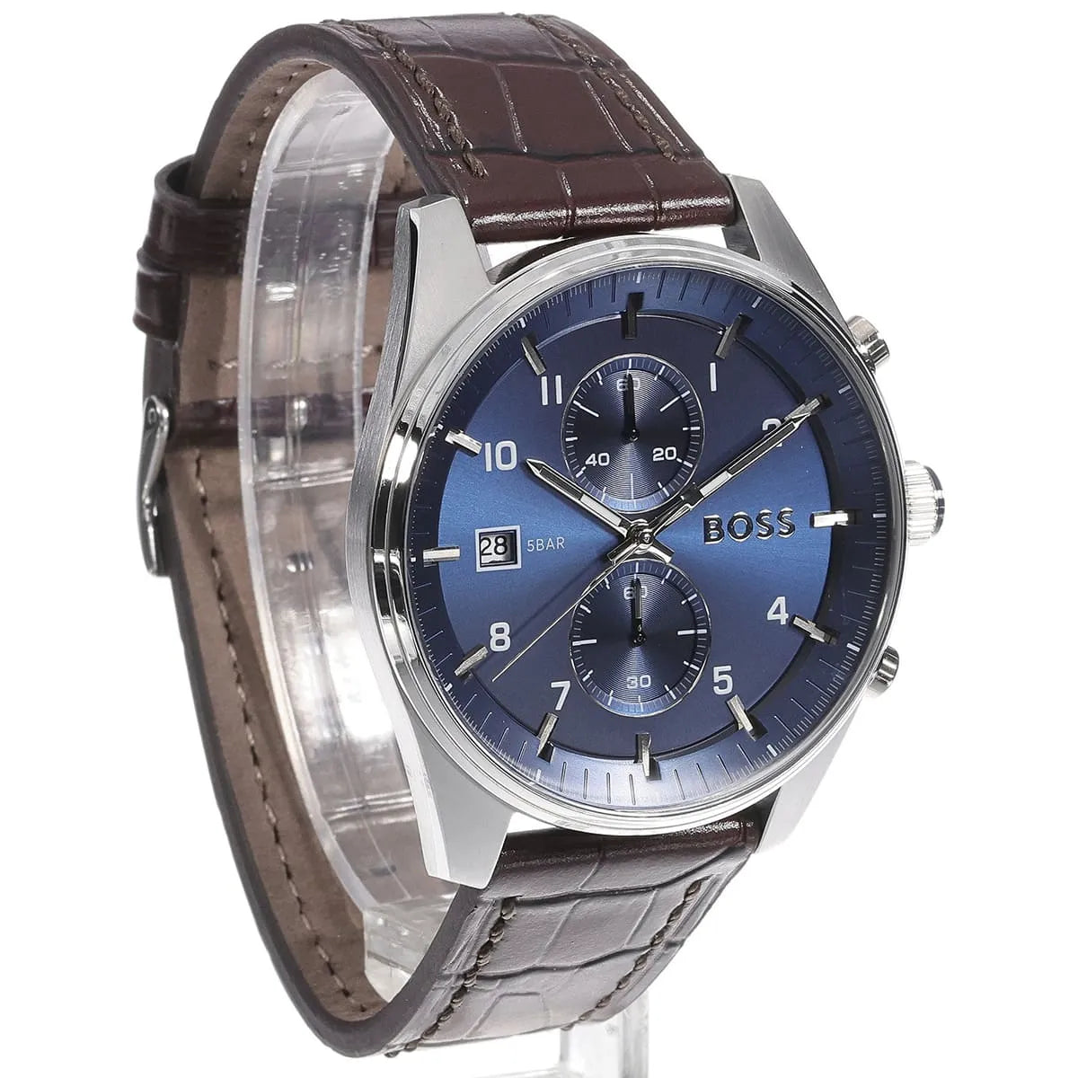 Hugo Boss Skytraveller men's chronograph watch at an angle displaying blue dial and brown leather band