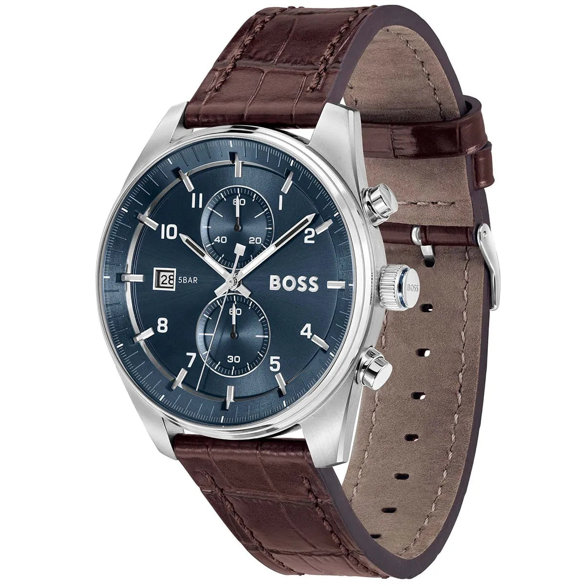 Hugo Boss Skytraveller chronograph men's watch angled view showing blue dial and brown croc-embossed strap