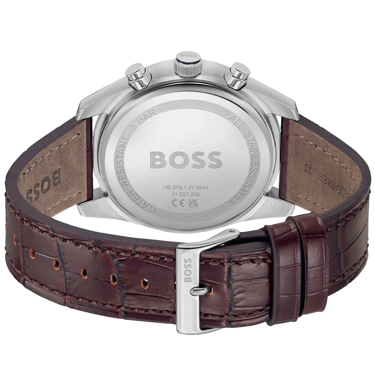 Hugo Boss Skytraveller watch case back showing stainless steel with engraved BOSS logo and specifications