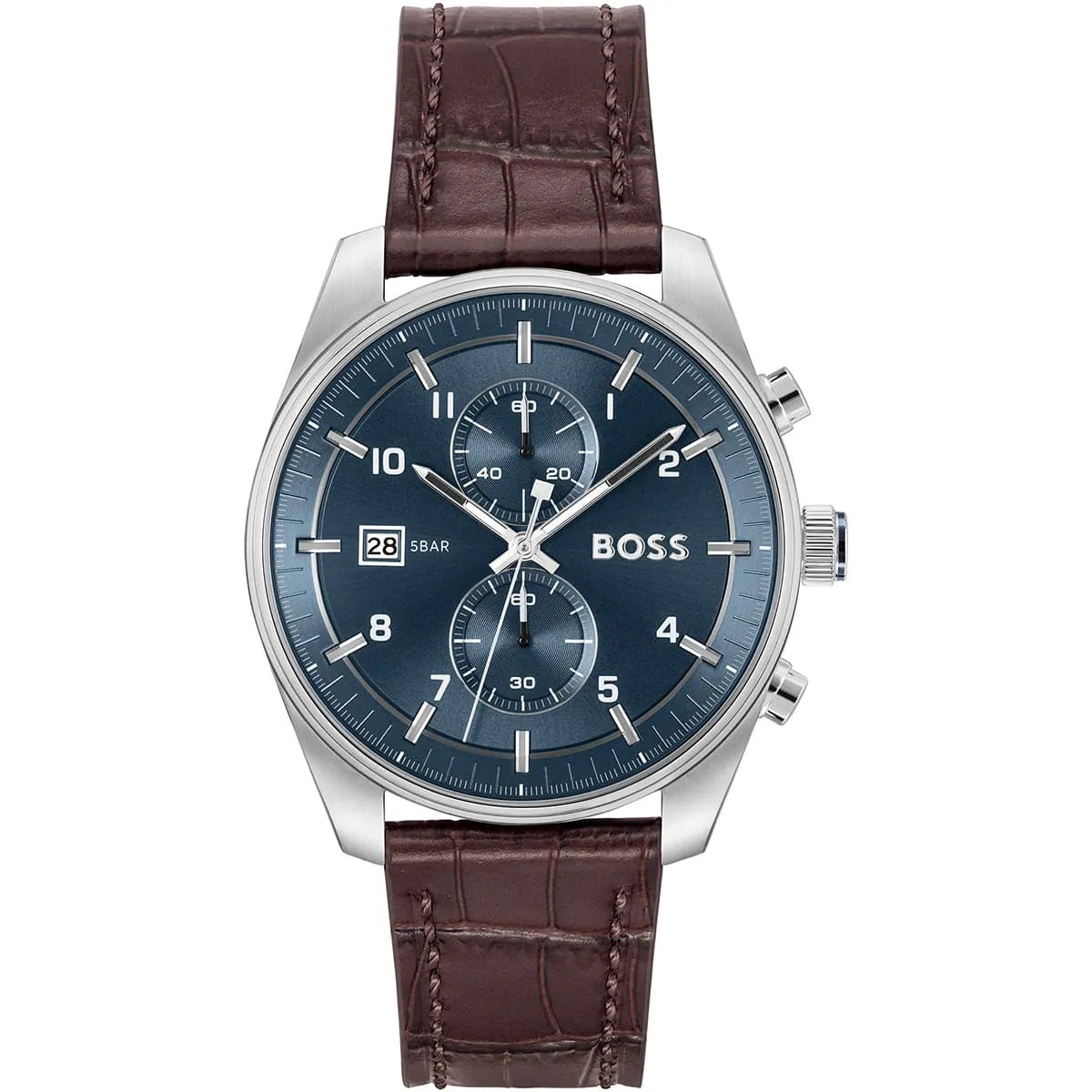 Hugo Boss Skytraveller chronograph watch with blue dial and brown leather strap, front view