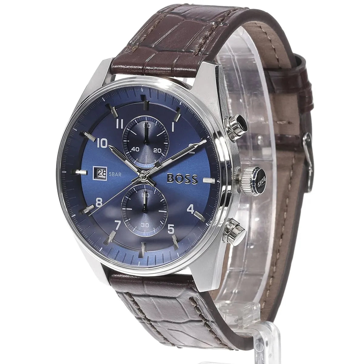 Hugo Boss Skytraveller chronograph watch side view with brown leather strap and silver stainless steel case