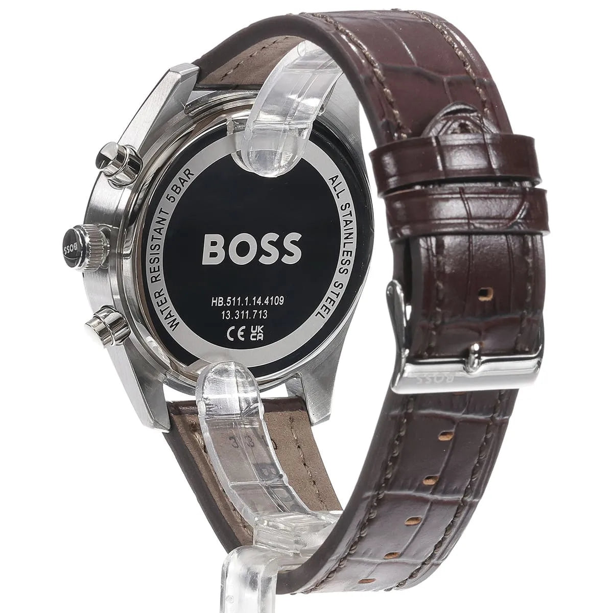 Hugo Boss Skytraveller watch brown leather croc-embossed strap with stainless steel buckle and caseback detail
