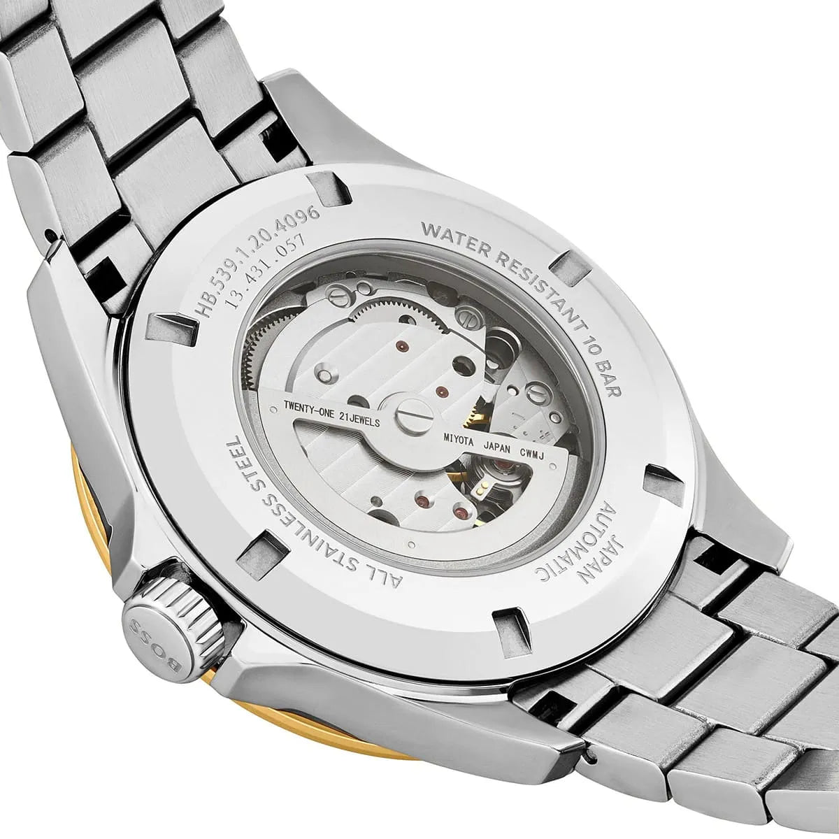 Hugo Boss Troper caseback detail showing automatic movement mechanism and metal bracelet