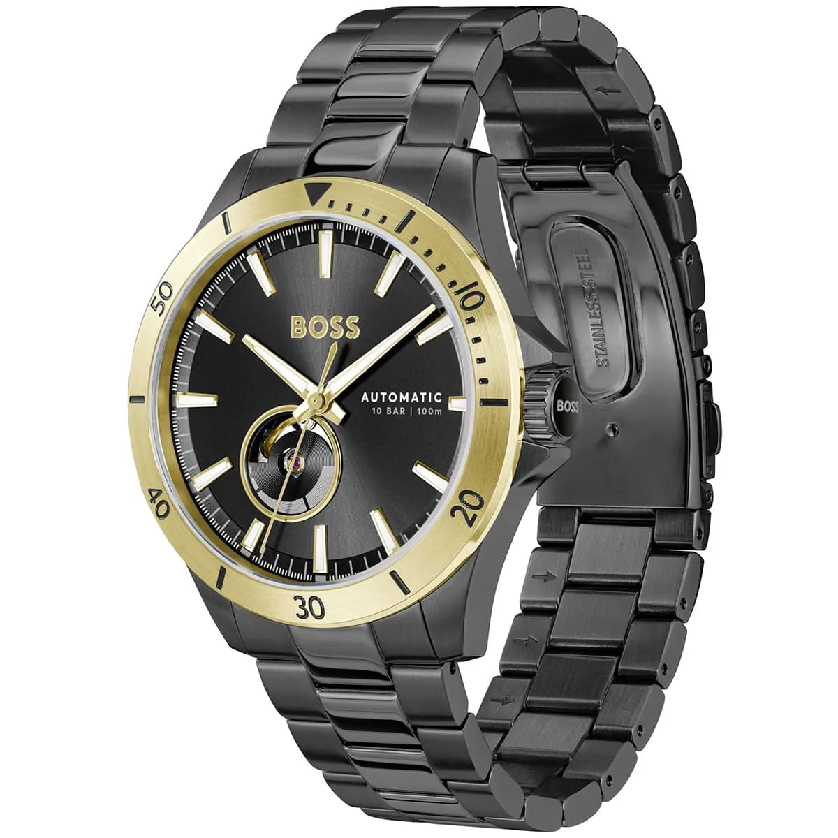 Hugo Boss Troper watch at angle showing black stainless steel bracelet and gold bezel detail