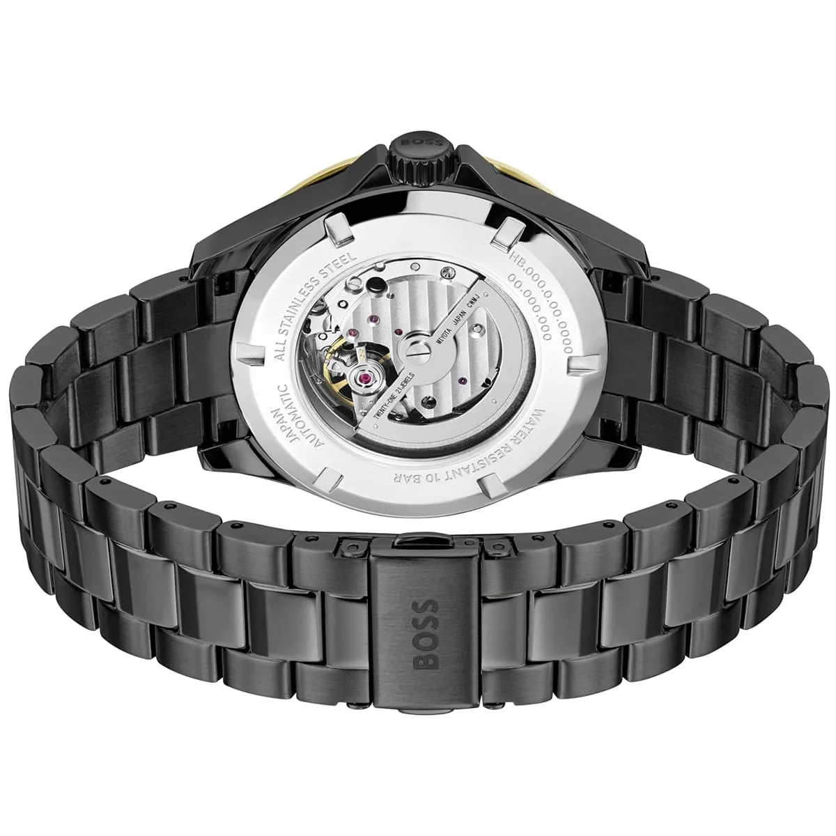Hugo Boss Troper automatic movement visible through display caseback with stainless steel bracelet