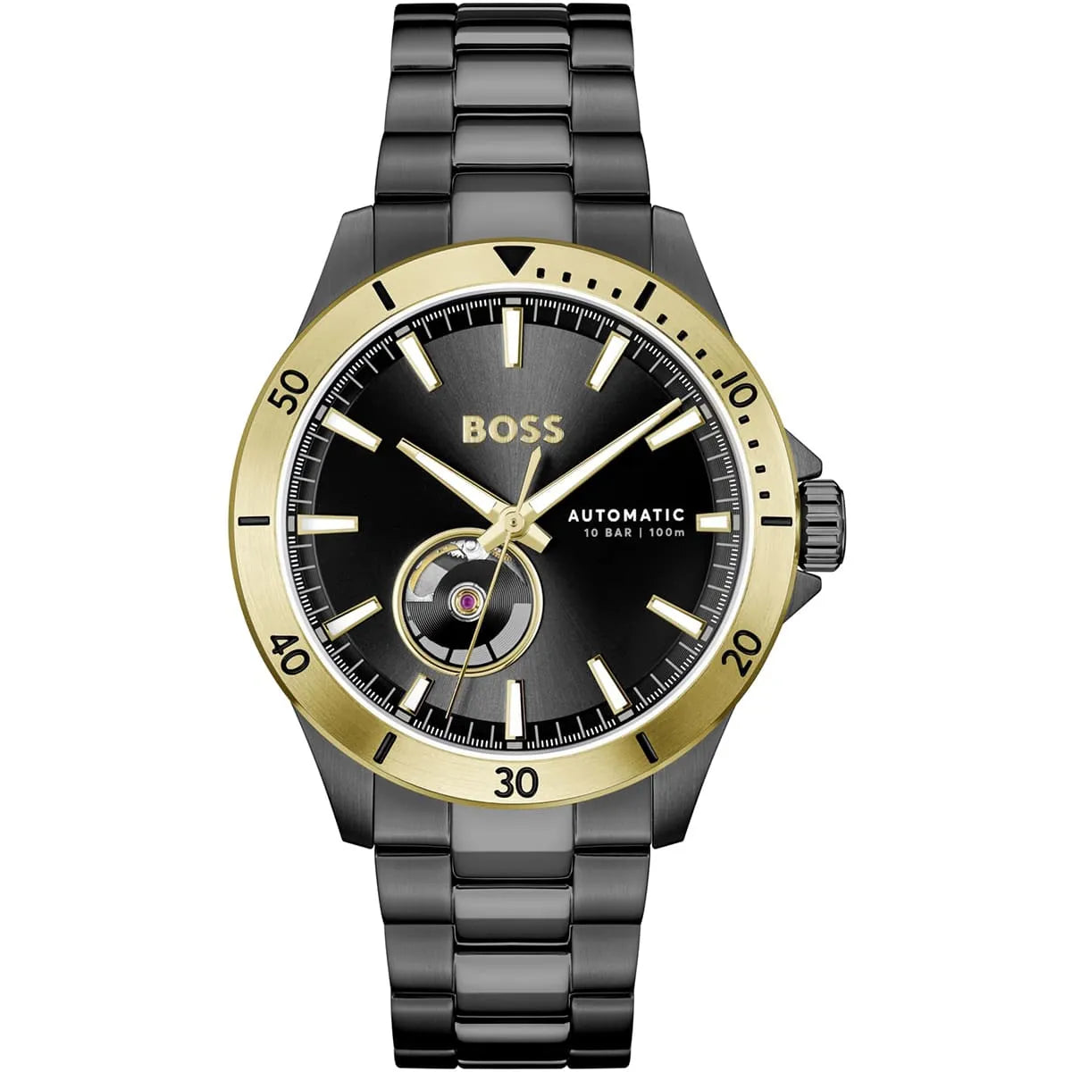 Hugo Boss Troper men's watch with black dial, gold bezel, and stainless steel bracelet