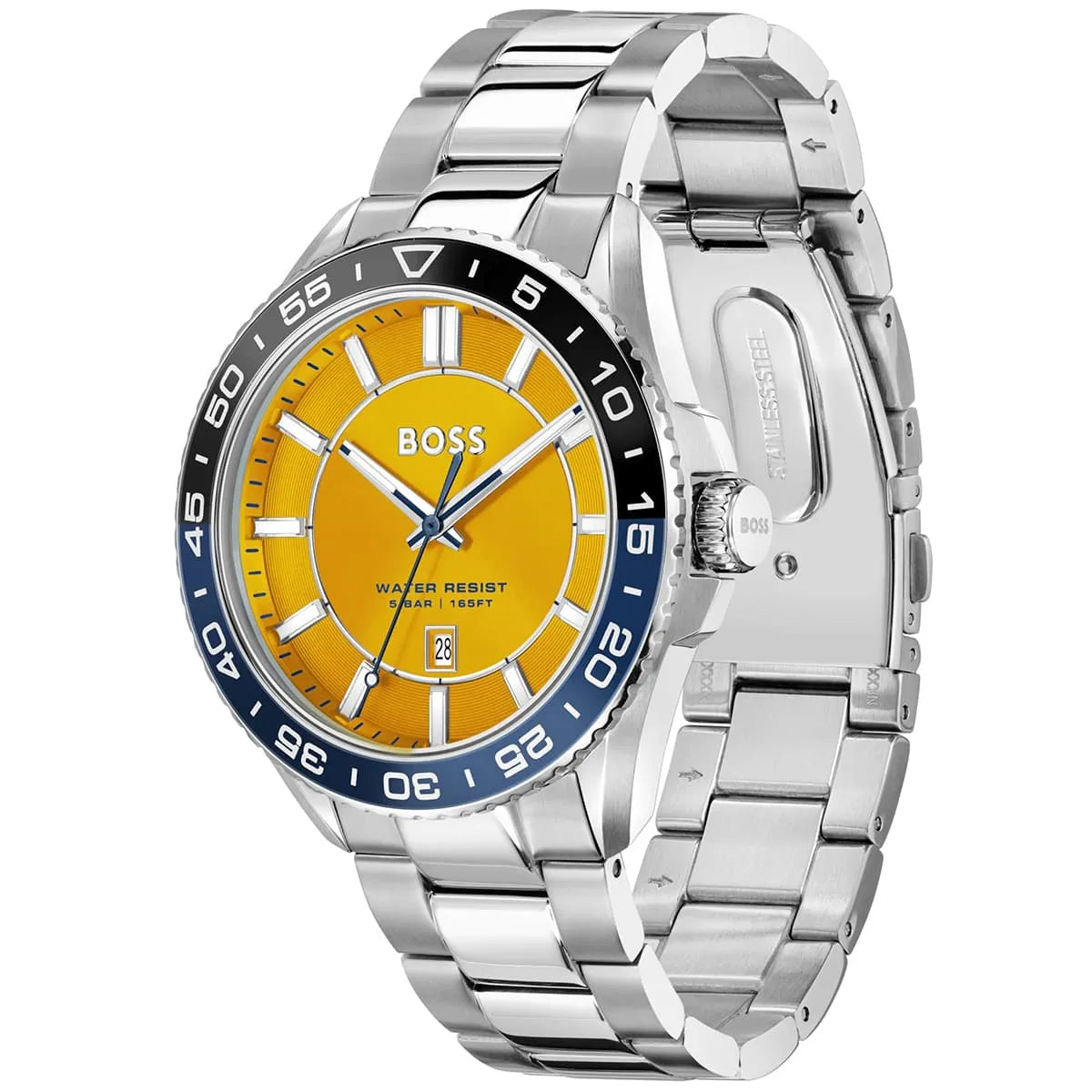 Hugo Boss Runner watch displayed at angle showing orange dial and metal bracelet