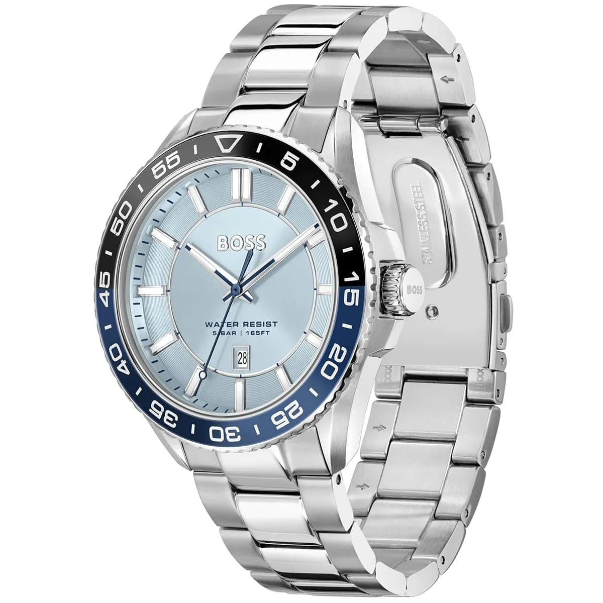 Hugo Boss Runner watch shown from angle with silver metal strap and light blue dial visible