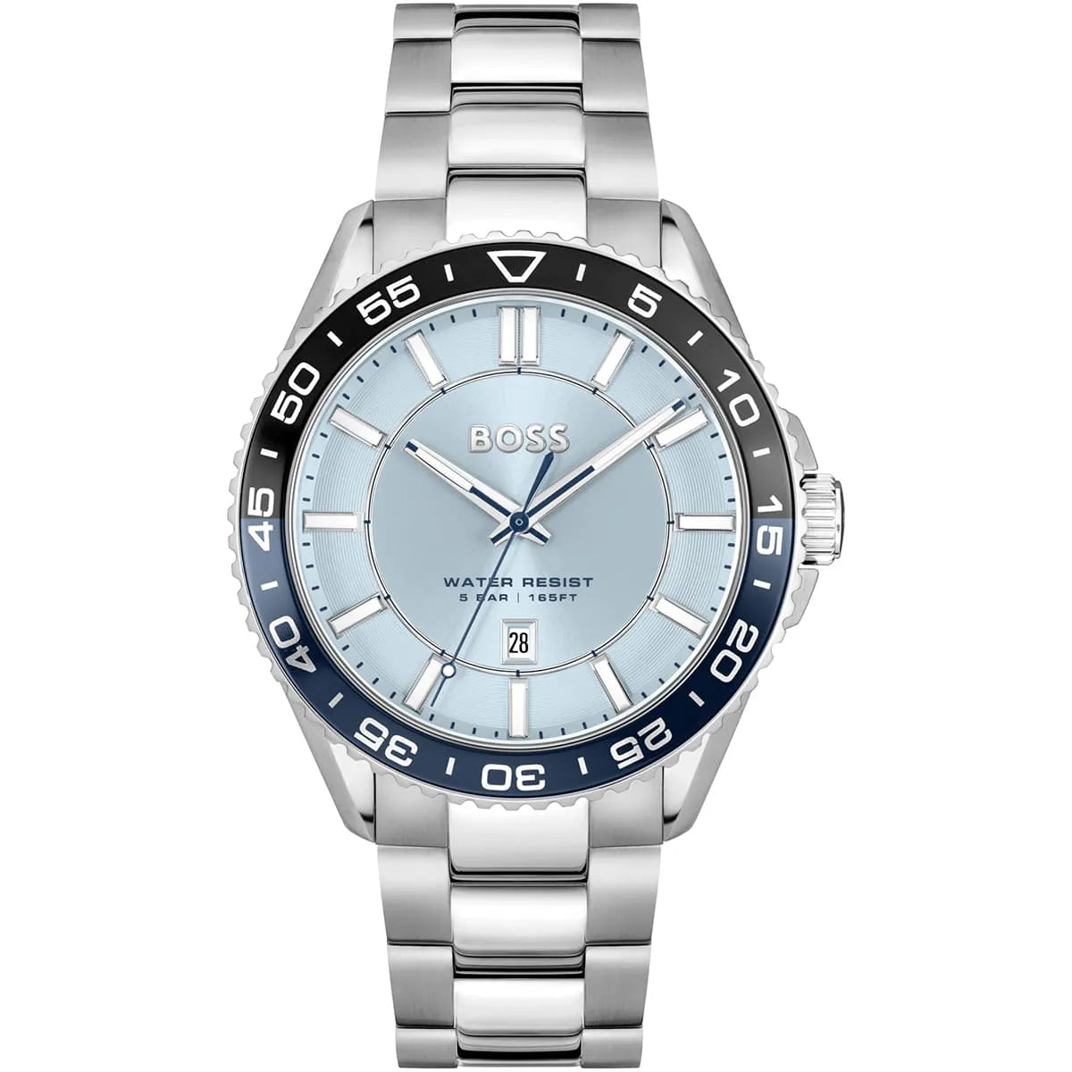 Hugo Boss Runner men's watch with light blue dial, silver stainless steel strap, and black bezel