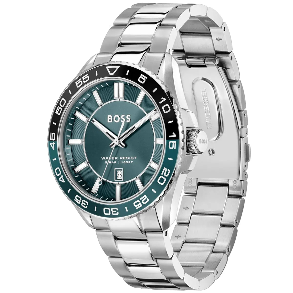 Hugo Boss Runner watch side angle view showing green dial and stainless steel bracelet