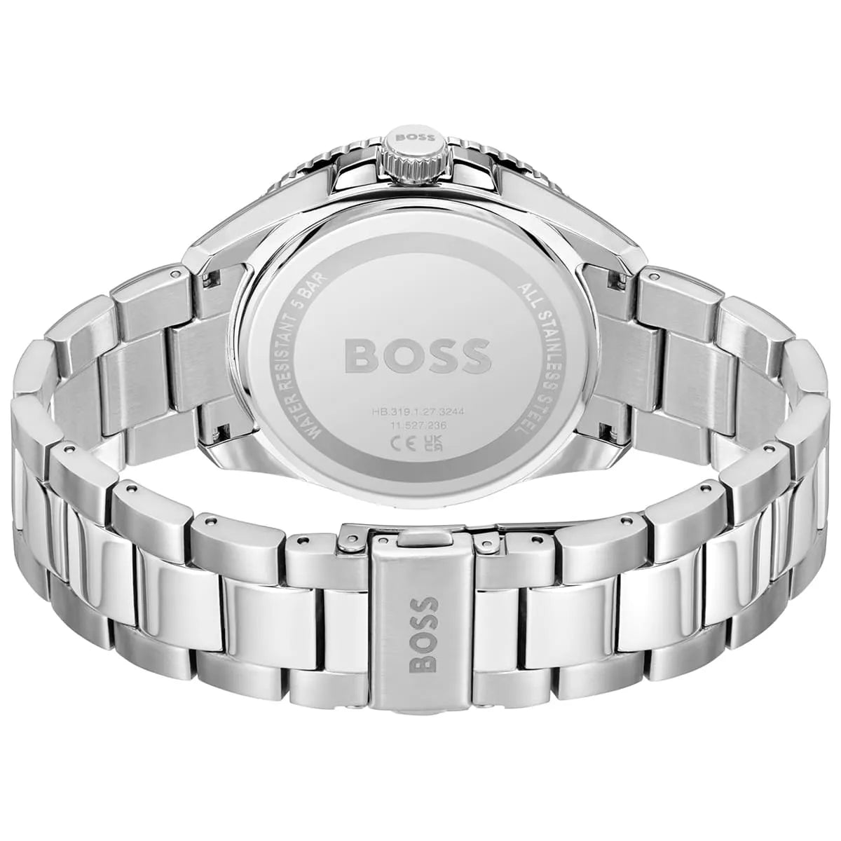 Hugo Boss Runner watch caseback showing silver stainless steel with BOSS branding