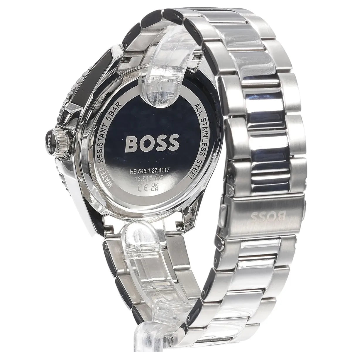 Hugo Boss Runner watch side view of case and silver metal bracelet