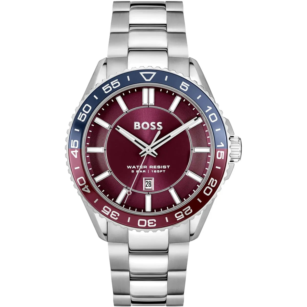 Hugo Boss Runner men's watch with burgundy dial and silver stainless steel bracelet