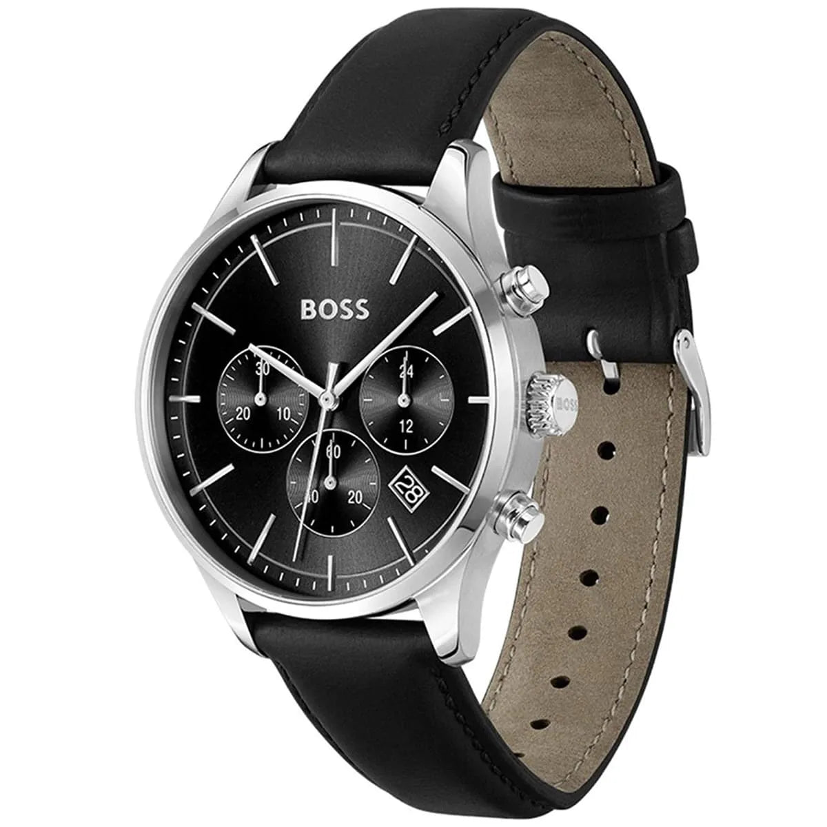 Hugo Boss Avery chronograph watch shown at angle with visible leather strap and sub-dials