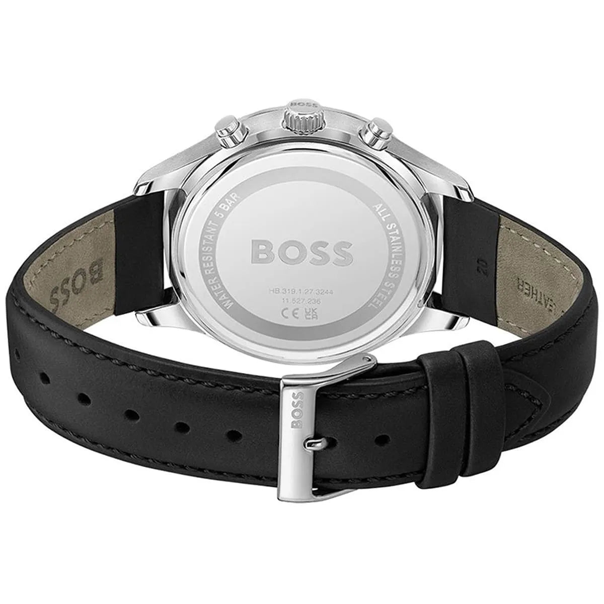 Hugo Boss Avery watch caseback showing stainless steel with BOSS logo and leather strap
