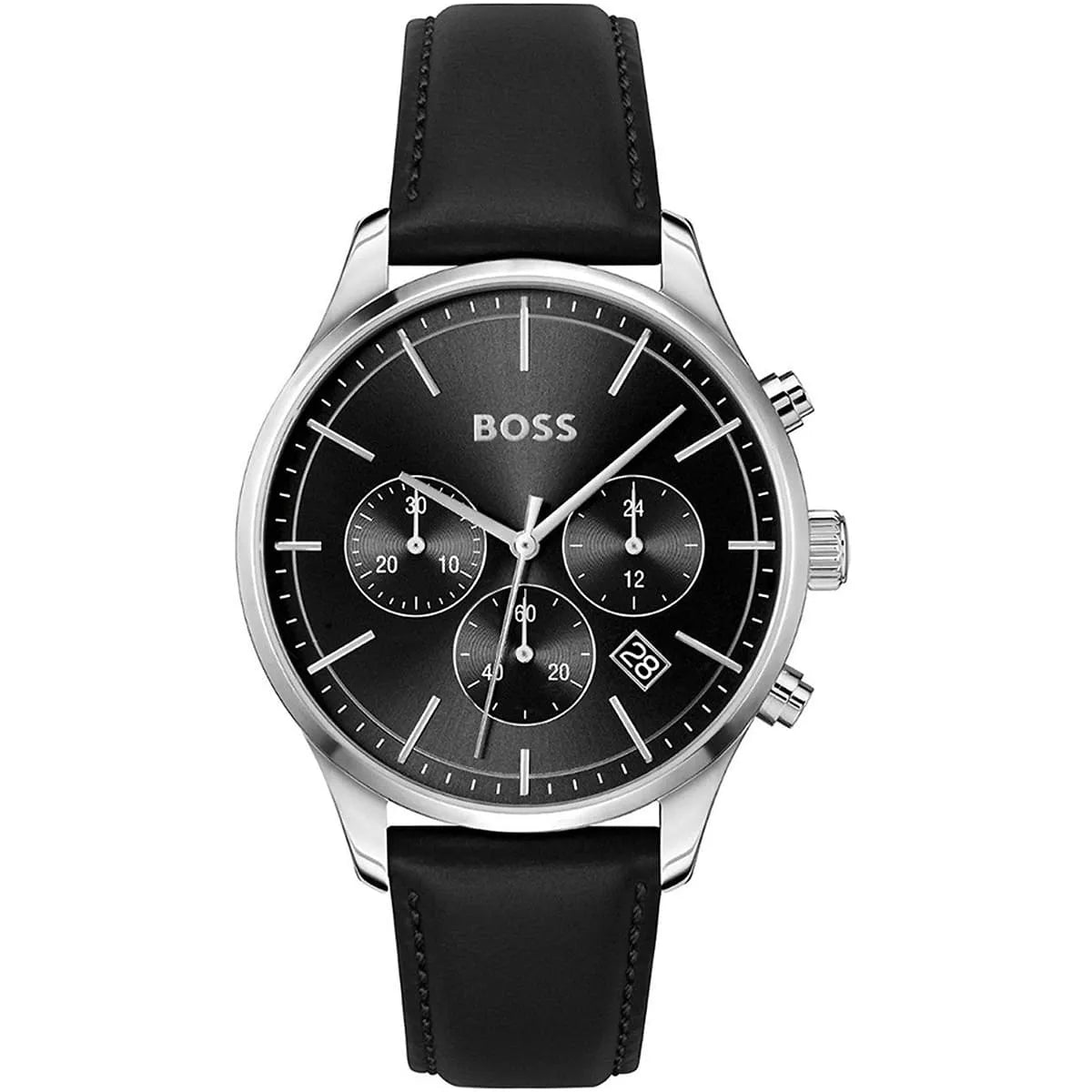 Hugo Boss Avery men's chronograph watch with black dial, silver case and black leather strap
